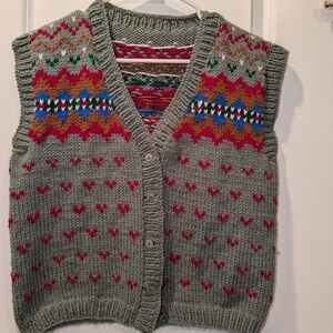 Handmade Fair Isle Heart Knit Sweater Vest Cottagecore Button Front